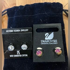 NEW Set of 2 Pairs of Swarovski Crystal Stud Earrings - Clear and Pink